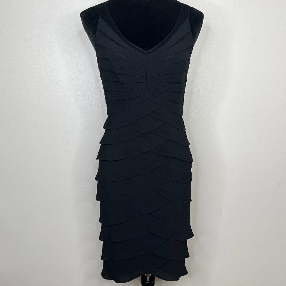 Adrianna‎ Papell Pleated Ruffle Fitted Tank Dress with Mesh Sleeves LBD